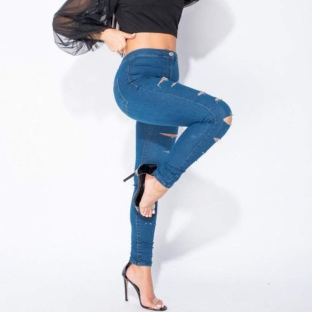 Blue High Waist Ripped Distressed Skinny Denim Jeggings Pants - Picture 8 of 13